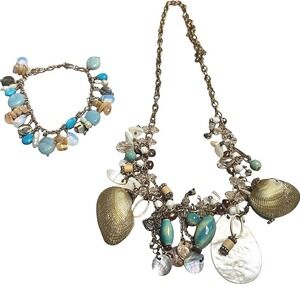 HandMade Shell Necklace Bracelet Set Beaded Charm‎ Coastal Beach Jewelry